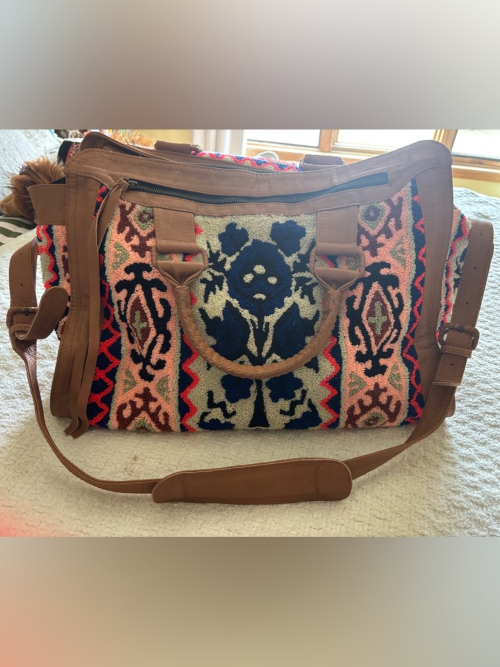 Cleobella Multicolor Tapestry Tote with Brown Leather Trim